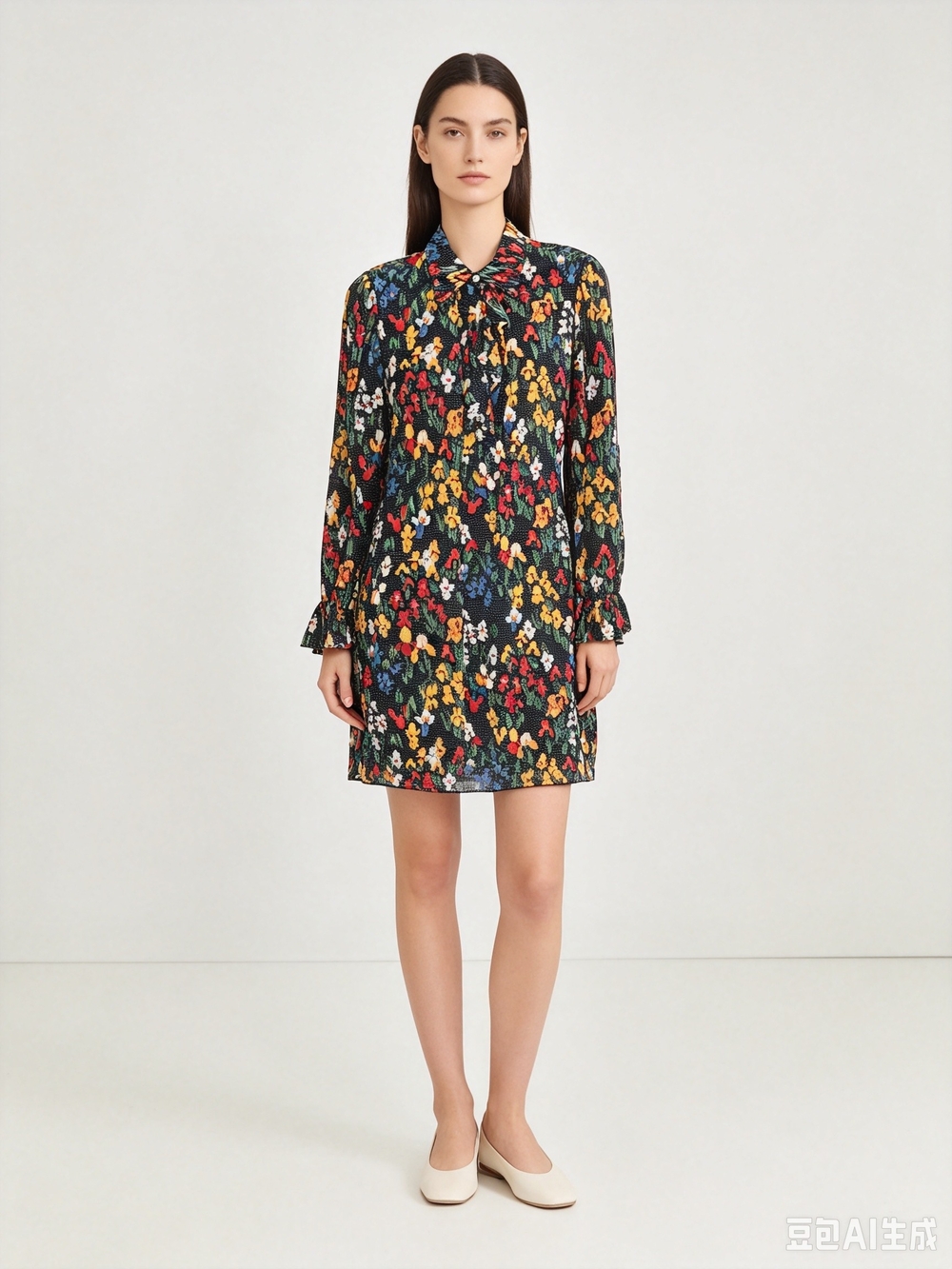 Tory Burch  Floral Tie-Neck Long Sleeve Dress - Picture 3 of 9